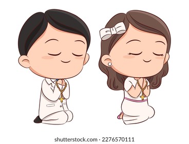 First communion concept with cute boy and girl praying and kneeling together hand drawn sketch style on white background vector.