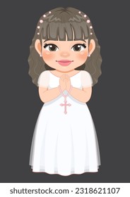 First communion concept with cute girl praying has a rosary in her hand and standing on gray background vector