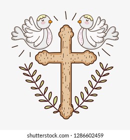 first communion with cross and doves with branches leaves
