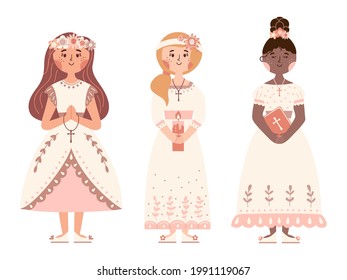 First communion day vector set. Little girls in white dresses with flowers. 
Religious catholic celebration. Christian religious symbols. Isolated on white background. 