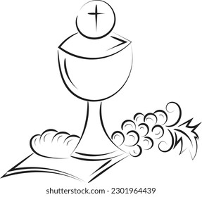 First Communion Embroidery Design. Eucharist In Chalice with Grapes and wheat for print or use as poster, card, flyer or T Shirt