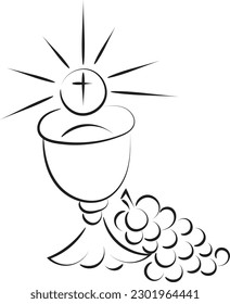 First Communion Embroidery Design. Eucharist In Chalice with Grapes and wheat for print or use as poster, card, flyer or T Shirt