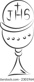 First Communion Embroidery Design. Eucharist In Chalice with Grapes and wheat for print or use as poster, card, flyer or T Shirt