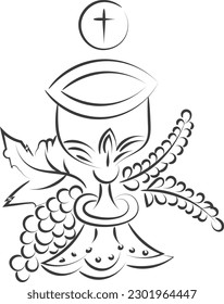 First Communion Embroidery Design. Eucharist In Chalice with Grapes and wheat for print or use as poster, card, flyer or T Shirt