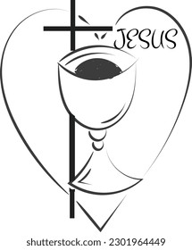 First Communion Embroidery Design. Eucharist In Chalice with Grapes and wheat for print or use as poster, card, flyer or T Shirt