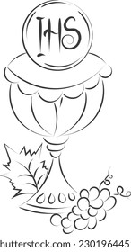 First Communion Embroidery Design. Eucharist In Chalice with Grapes and wheat for print or use as poster, card, flyer or T Shirt