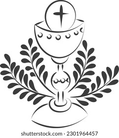 First Communion Embroidery Design. Eucharist In Chalice with Grapes and wheat for print or use as poster, card, flyer or T Shirt