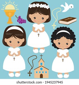 First communion girl vector cartoon illustration