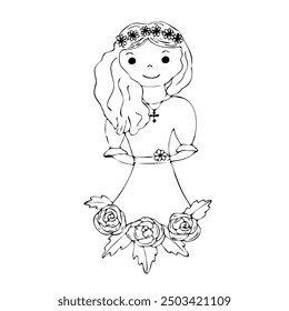 First communion girl. Vector illustration. Beautiful girl in communion dress and with religious cross and flower frame. Black and white graphic arts. Handmade. Isolated and flat illustration