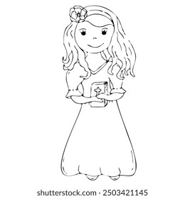 First communion girl. Vector illustration. Beautiful girl in communion dress and with Bible. Black and white graphic arts. Handmade. Isolated and flat illustration. Holy communion