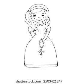 First communion girl. Vector illustration. Beautiful girl in communion dress and with religious cross and flower frame. Black and white graphic arts. Handmade. Isolated and flat illustration