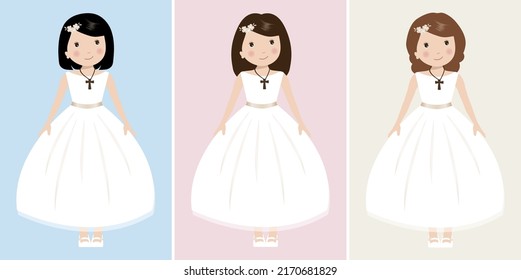 First communion girls set with white dress, Isolated vector of holy communion girl.