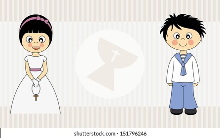 First Communion Invitation Card. boy and girl