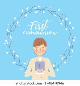 first communion invitation card with cute boy vector illustration