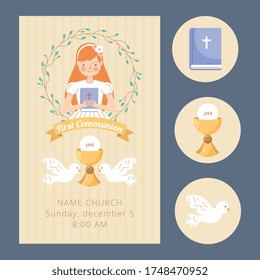 first communion invitation card with cute girl and stickers. vector