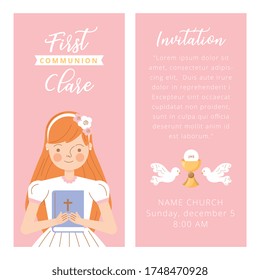 first communion invitation card with girl cartoon. vector illustration