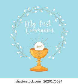 first communion invitation card with pyx cartoon. vector illustration