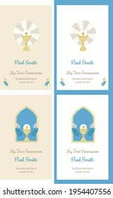 First Communion Invitation Design. Chalice and Eucharist. Vector illustration.