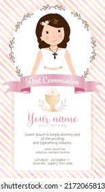 First communion invitation. Girl with communion dress and flower frame. First holy communion invitation. svg