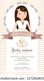 First communion invitation. Girl with communion dress and flower frame. First holy communion invitation.