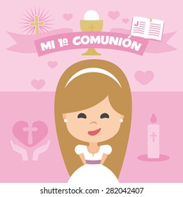 First communion invitation, template. Blonde girl on a pink background. Vector Element Set. Written in Spanish