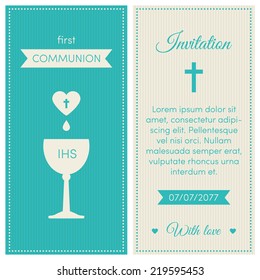 First communion invitation, template. Blue and cream colors. Illustration of chalice with wine.