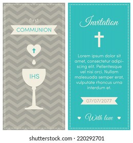 First communion invitation, template. Blue, gray and cream colors. Illustration of chalice with wine on a chevron background.