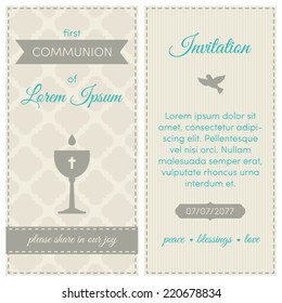 First communion invitation, template. Blue, gray and cream colors. Illustration of chalice with wine.