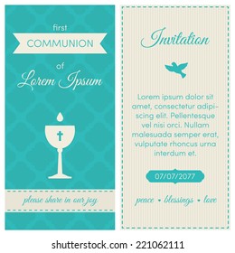 First communion invitation, template. Blue and cream colors. Illustration of chalice with wine.