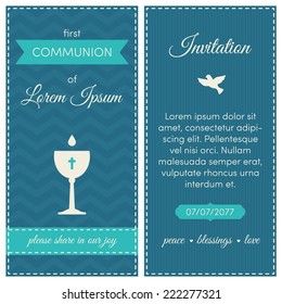 First communion invitation, template. Blue, azure and cream colors. Illustration of chalice with wine on a chevron background.