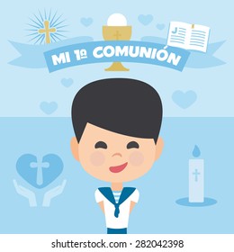 First communion invitation, template.  A boy on a blue background. Vector Element Set. Written in Spanish