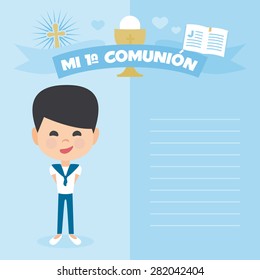 First communion invitation, template.  A boy on a blue background. Vector Element Set. Written in Spanish