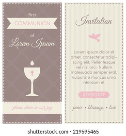 First communion invitation, template. Pink, brown and cream colors. Illustration of chalice with wine.