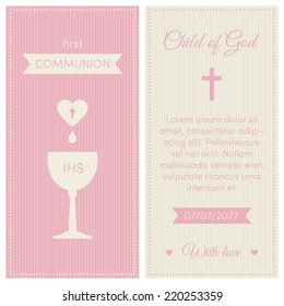 First communion invitation, template. Pink and cream colors. Illustration of chalice with wine.