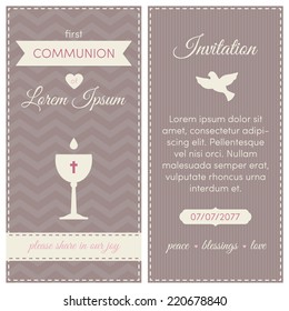 First communion invitation, template. Pink, brown and cream colors. Illustration of chalice with wine. On a chevron background.