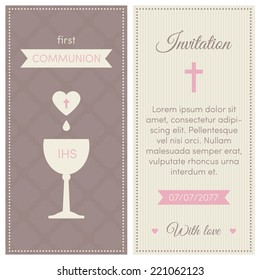 First communion invitation, template. Pink, brown and cream colors. Illustration of chalice with wine.