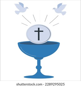 first communion items card with doves. dove cup religion icon. First communion concept. Flat and Colorfull illustration. Vector graphic. First Communion Invitation with dove and body Christ.