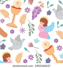 first communion pattern background with cute icons. vector illustration