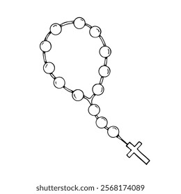 First communion rosary beads outline for religious celebrations and sacramental design. Hand drawn. Black and white vector illustration. Christian icon