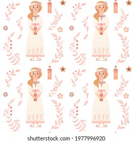 First communion seamless pattern. Christian background. Little girl in white dress with cross texture.Christian religious symbols. Religious catholic celebration. 