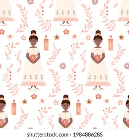 First communion seamless pattern. Christian background. Little girl in white dress with cross texture.Christian religious symbols. Religious catholic celebration. 