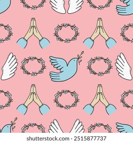 First Communion seamless pattern on a soft pink background, featuring symbolic icons such as praying hands, floral wreaths, angel wings, and doves. 