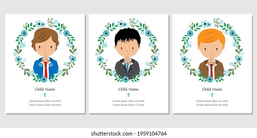 First communion set. Boys inside a flower frame. Isolated vector