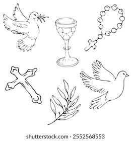 First communion set. Christian elements, catholic religion icons; dove of peace, chalice, cross, rosary, olive branch. Hand drawn. Black and white vector illustration