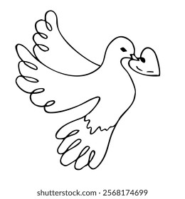 First communion symbol with dove and heart design for religious celebration. Valentine Day. Hand drawn. Black and white vector illustration. Christian icon