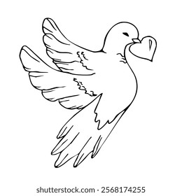 First communion symbol with dove of peace and heart design for religious celebrations. Hand drawn. Black and white vector illustration. Valentine Day