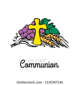 First communion symbols for a nice invitation design. Church and Christian Community Flat Illustration