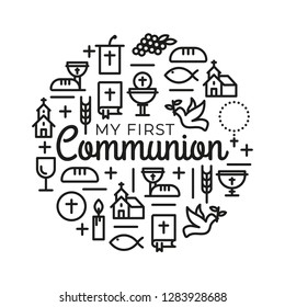 First communion symbols for a nice invitation design. Church and Christian Community Flat Outline Icons.
