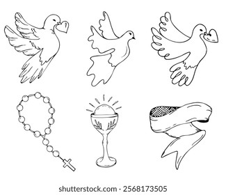 First communion symbols set with doves, rosary, chalice, and banner for religious design. Christian elements, catholic religion icons dove of peace, chalice, cross, rosary, olive branch. Hand drawn