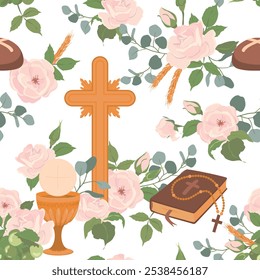 First communion symbols vector background. Golden wine cup, Grail, bread, Bible, rosary, wine, white roses and crucifix. Seamless pattern with Christian symbols. Clipart for holiday invitations.